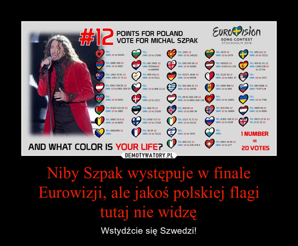 Niby Szpak występuje w finale Eurowizji, ale jakoś polskiej flagitutaj nie widzę – Wstydźcie się Szwedzi! 