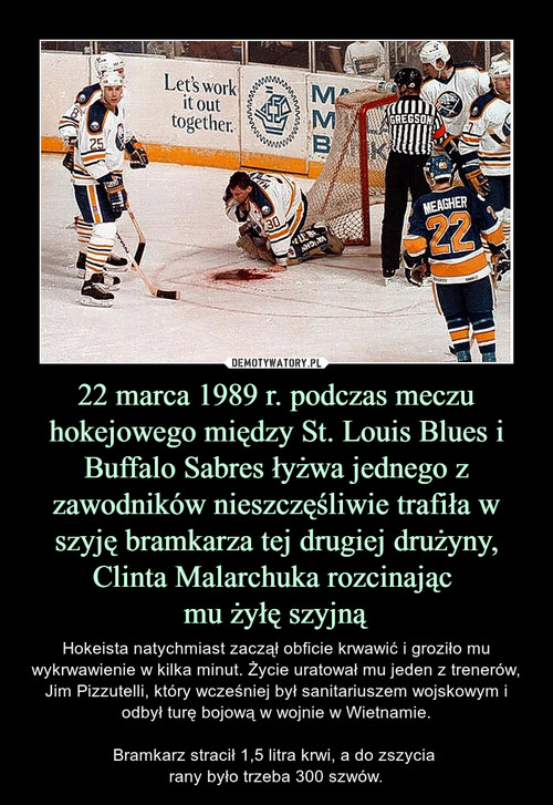 22 marca 1989 r. podczas meczu hokejowego między St. Louis Blues i Buffalo Sabres łyżwa jednego z zawodników nieszczęśliwie trafiła w szyję bramkarza tej drugiej drużyny, Clinta Malarchuka rozcinając 
mu żyłę szyjną