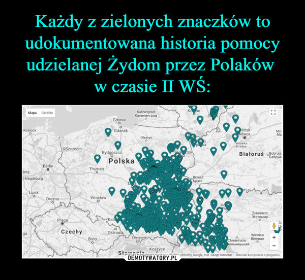 Każdy z zielonych znaczków to udokumentowana historia pomocy udzielanej Żydom przez Polaków 
w czasie II WŚ: