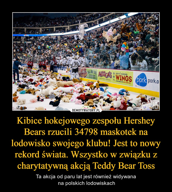 Kibice hokejowego zespołu Hershey Bears rzucili 34798 maskotek na lodowisko swojego klubu! Jest to nowy rekord świata. Wszystko w związku z charytatywną akcją Teddy Bear Toss – Ta akcja od paru lat jest również widywana na polskich lodowiskach 