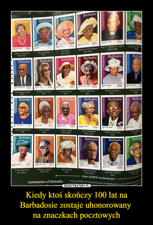 Kiedy ktoś skończy 100 lat na
Barbadosie zostaje uhonorowany 
na znaczkach pocztowych