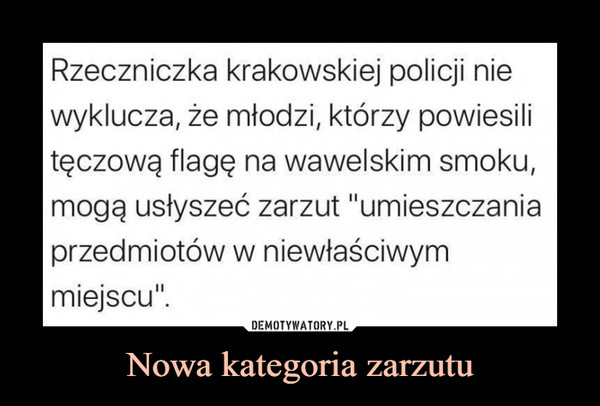 Nowa kategoria zarzutu –  Rzeczniczka krakowskiej policji nie wyklucza, że młodzi, którzy powiesili tęczową flagę na wawelskim smoku, mogą usłyszeć zarzut "umieszczania przedmiotów w niewłaściwym miejscu"