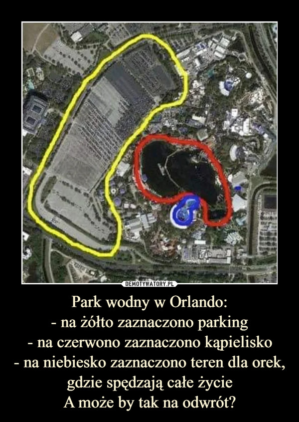 Park wodny w Orlando:
- na żółto zaznaczono parking
- na czerwono zaznaczono kąpielisko
- na niebiesko zaznaczono teren dla orek, gdzie spędzają całe życie
A może by tak na odwrót?