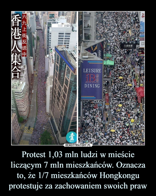 Protest 1,03 mln ludzi w mieście liczącym 7 mln mieszkańców. Oznacza to, że 1/7 mieszkańców Hongkongu protestuje za zachowaniem swoich praw –  