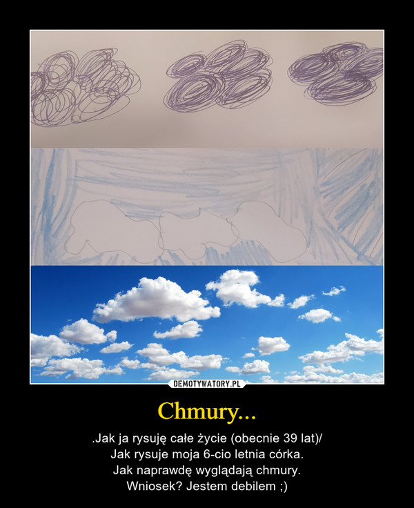 Chmury... – .Jak ja rysuję całe życie (obecnie 39 lat)/Jak rysuje moja 6-cio letnia córka.Jak naprawdę wyglądają chmury.Wniosek? Jestem debilem ;) 