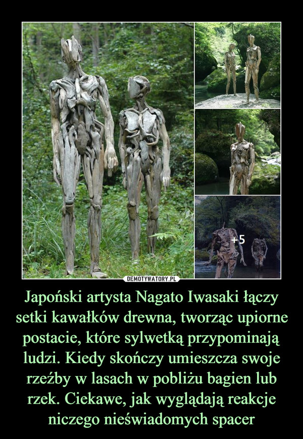 Japoński artysta Nagato Iwasaki łączy setki kawałków drewna, tworząc upiorne postacie, które sylwetką przypominają ludzi. Kiedy skończy umieszcza swoje rzeźby w lasach w pobliżu bagien lub rzek. Ciekawe, jak wyglądają reakcje niczego nieświadomych spacer –  