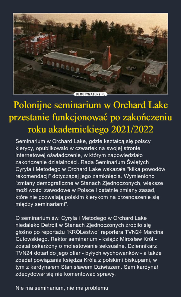 Polonijne seminarium w Orchard Lake przestanie funkcjonować po zakończeniu roku akademickiego 2021/2022