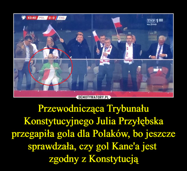 Przewodnicząca Trybunału Konstytucyjnego Julia Przyłębska przegapiła gola dla Polaków, bo jeszcze sprawdzała, czy gol Kane'a jest zgodny z Konstytucją –  