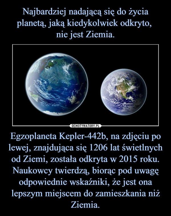 Egzoplaneta Kepler-442b, na zdjęciu po lewej, znajdująca się 1206 lat świetlnych od Ziemi, została odkryta w 2015 roku. Naukowcy twierdzą, biorąc pod uwagę odpowiednie wskaźniki, że jest ona lepszym miejscem do zamieszkania niż Ziemia. –  