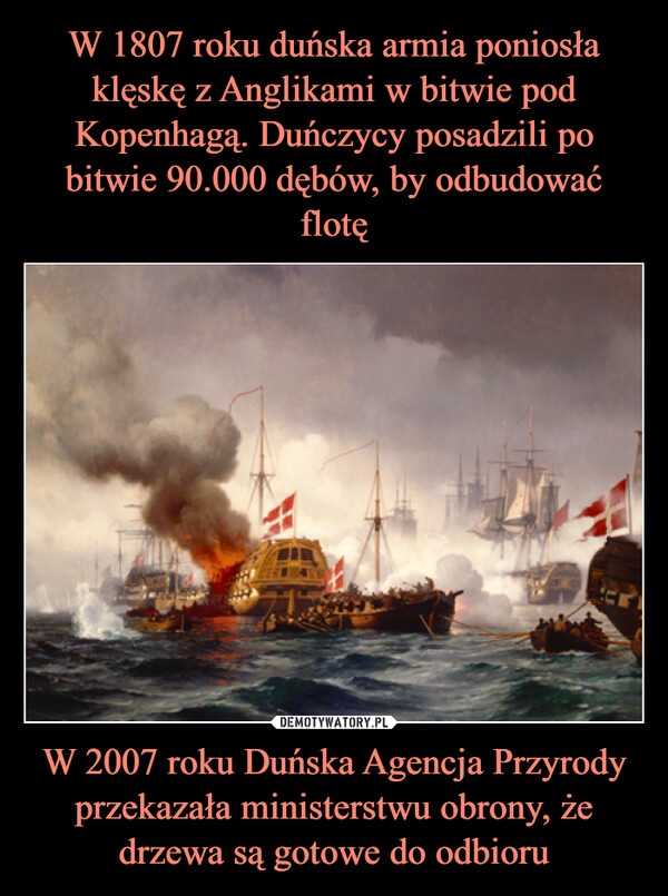 W 1807 roku duńska armia poniosła klęskę z Anglikami w bitwie pod Kopenhagą. Duńczycy posadzili po bitwie 90.000 dębów, by odbudować flotę W 2007 roku Duńska Agencja Przyrody przekazała ministerstwu obrony, że drzewa są gotowe do odbioru