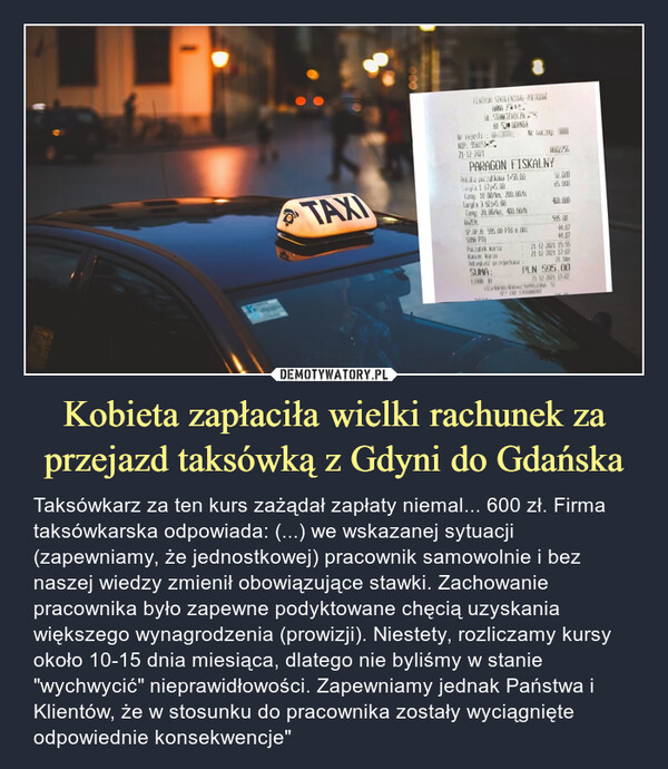 Kobieta zapłaciła wielki rachunek za przejazd taksówką z Gdyni do Gdańska