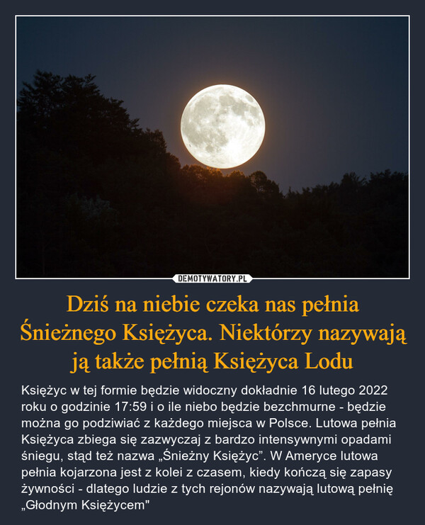 Dziś na niebie czeka nas pełnia Śnieżnego Księżyca. Niektórzy nazywają ją także pełnią Księżyca Lodu – Księżyc w tej formie będzie widoczny dokładnie 16 lutego 2022 roku o godzinie 17:59 i o ile niebo będzie bezchmurne - będzie można go podziwiać z każdego miejsca w Polsce. Lutowa pełnia Księżyca zbiega się zazwyczaj z bardzo intensywnymi opadami śniegu, stąd też nazwa „Śnieżny Księżyc”. W Ameryce lutowa pełnia kojarzona jest z kolei z czasem, kiedy kończą się zapasy żywności - dlatego ludzie z tych rejonów nazywają lutową pełnię „Głodnym Księżycem" 