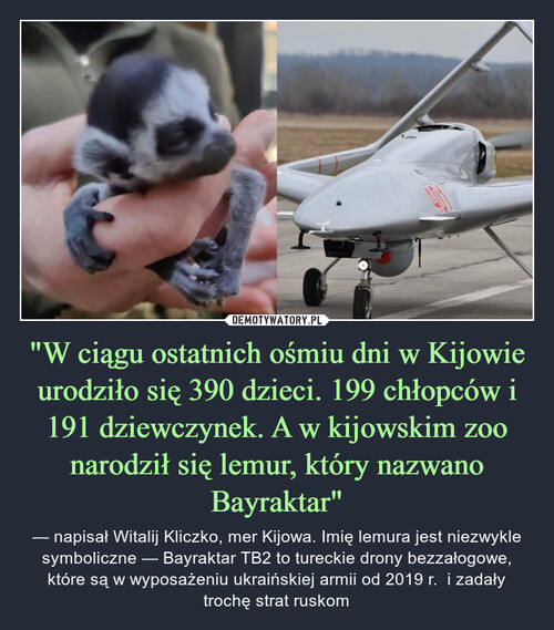 "W ciągu ostatnich ośmiu dni w Kijowie urodziło się 390 dzieci. 199 chłopców i 191 dziewczynek. A w kijowskim zoo narodził się lemur, który nazwano Bayraktar"