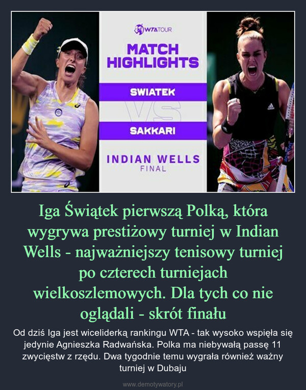 Iga Świątek pierwszą Polką, która wygrywa prestiżowy turniej w Indian Wells - najważniejszy tenisowy turniej po czterech turniejach wielkoszlemowych. Dla tych co nie oglądali - skrót finału – Od dziś Iga jest wiceliderką rankingu WTA - tak wysoko wspięła się jedynie Agnieszka Radwańska. Polka ma niebywałą passę 11 zwycięstw z rzędu. Dwa tygodnie temu wygrała również ważny turniej w Dubaju 