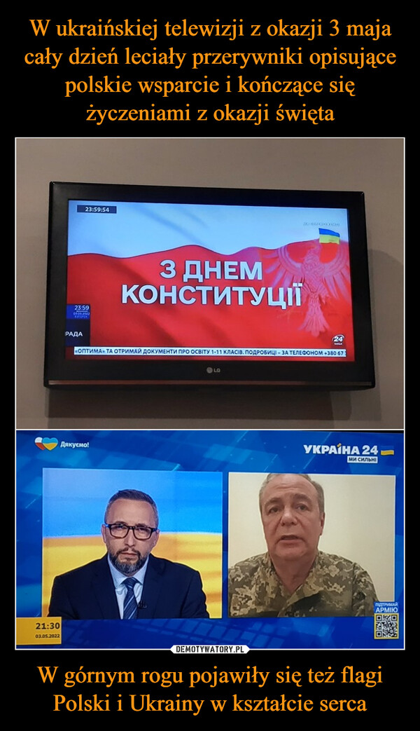 W górnym rogu pojawiły się też flagi Polski i Ukrainy w kształcie serca –  