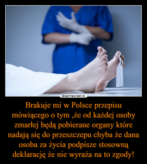 Brakuje mi w Polsce przepisu mówiącego o tym ,że od każdej osoby zmarłej będą pobierane organy które nadają się do przeszczepu chyba że dana osoba za życia podpisze stosowną deklarację że nie wyraża na to zgody!