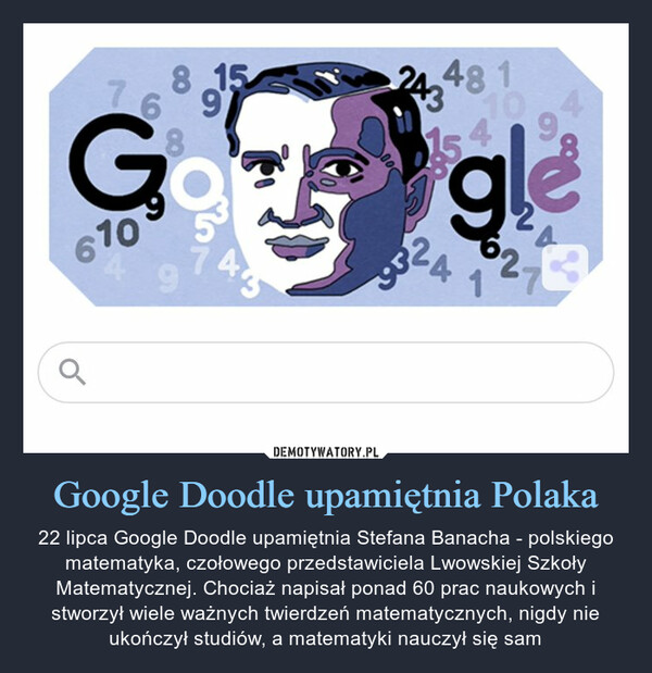 Google Doodle upamiętnia Polaka – 22 lipca Google Doodle upamiętnia Stefana Banacha - polskiego matematyka, czołowego przedstawiciela Lwowskiej Szkoły Matematycznej. Chociaż napisał ponad 60 prac naukowych i stworzył wiele ważnych twierdzeń matematycznych, nigdy nie ukończył studiów, a matematyki nauczył się sam 
