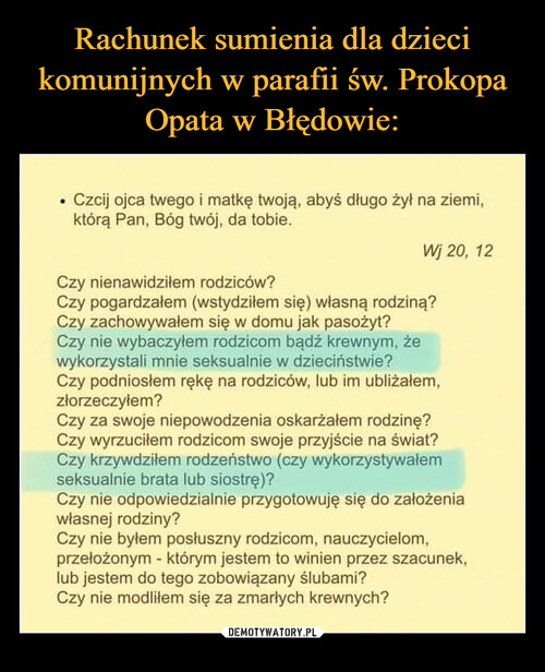 Rachunek sumienia dla dzieci komunijnych w parafii św. Prokopa Opata w Błędowie:
