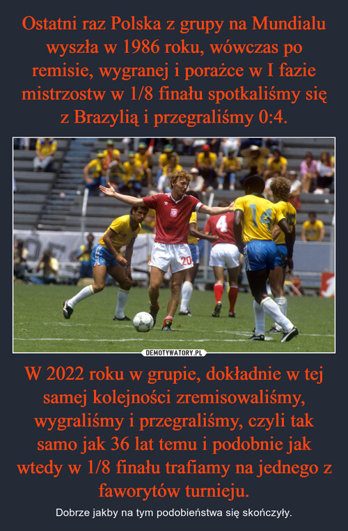 Ostatni raz Polska z grupy na Mundialu wyszła w 1986 roku, wówczas po remisie, wygranej i porażce w I fazie mistrzostw w 1/8 finału spotkaliśmy się z Brazylią i przegraliśmy 0:4. W 2022 roku w grupie, dokładnie w tej samej kolejności zremisowaliśmy, wygraliśmy i przegraliśmy, czyli tak samo jak 36 lat temu i podobnie jak wtedy w 1/8 finału trafiamy na jednego z faworytów turnieju.