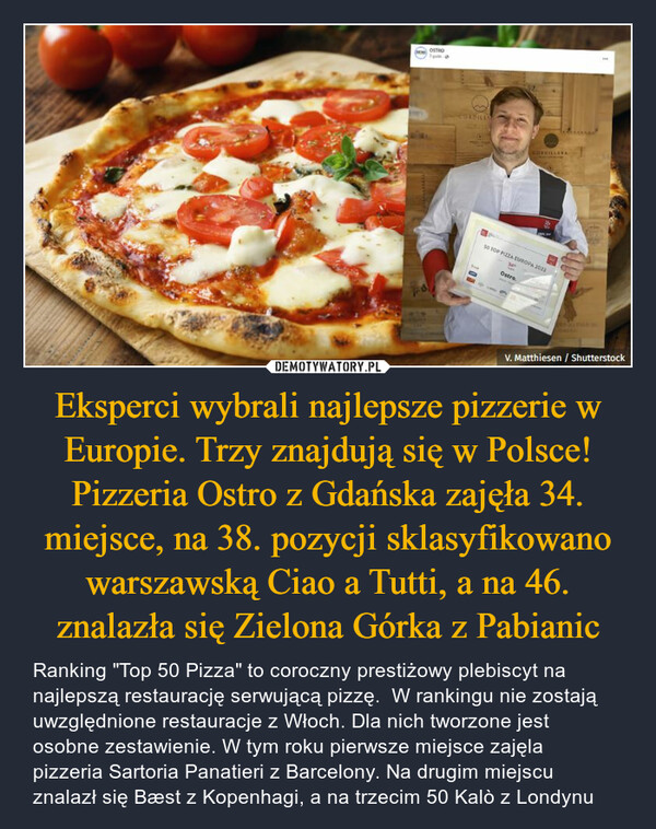 Eksperci wybrali najlepsze pizzerie w Europie. Trzy znajdują się w Polsce! Pizzeria Ostro z Gdańska zajęła 34. miejsce, na 38. pozycji sklasyfikowano warszawską Ciao a Tutti, a na 46. znalazła się Zielona Górka z Pabianic