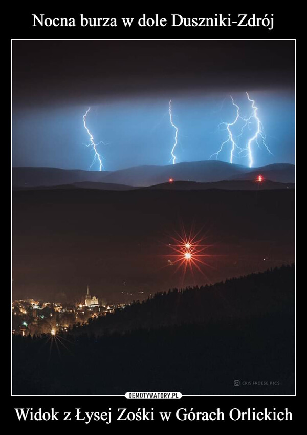 Nocna burza w dole Duszniki-Zdrój Widok z Łysej Zośki w Górach Orlickich