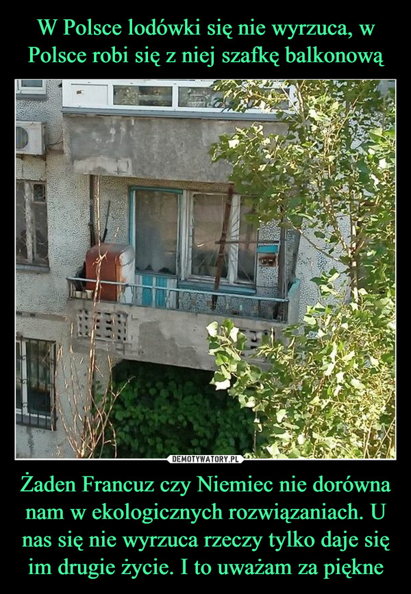 W Polsce lodówki się nie wyrzuca, w Polsce robi się z niej szafkę balkonową Żaden Francuz czy Niemiec nie dorówna nam w ekologicznych rozwiązaniach. U nas się nie wyrzuca rzeczy tylko daje się im drugie życie. I to uważam za piękne