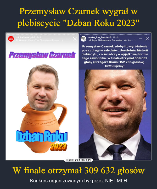 Przemysław Czarnek wygrał w plebiscycie "Dzban Roku 2023" W finale otrzymał 309 632 głosów