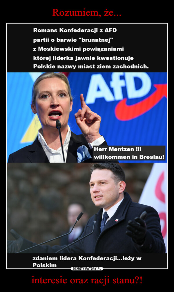 interesie oraz racji stanu?! –  Romans Konfederacji z AFDpartii o barwie "brunatnej"z Moskiewskimi powiązaniamiktórej liderka jawnie kwestionujePolskie nazwy miast ziem zachodnich.AfDHerr Mentzen !!!willkommen in Breslau!zdaniem lidera Konfederacji...leży wPolskim